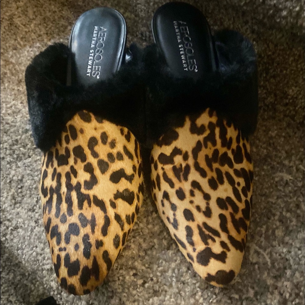 New Areisoles leopard and fur mule slide